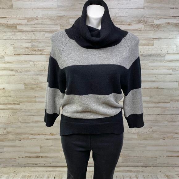 Pure Amici Cashmere Cowl Neck Sweater Womens Size XS Black & Gray Stripe - Picture 2 of 16